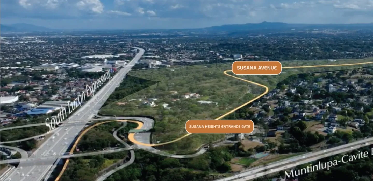 Aerial view of Susana Heights showing the South Luzon Expressway exit, the entrance gate, Susana Avenue and the Muntinlupa–Cavite Expressway