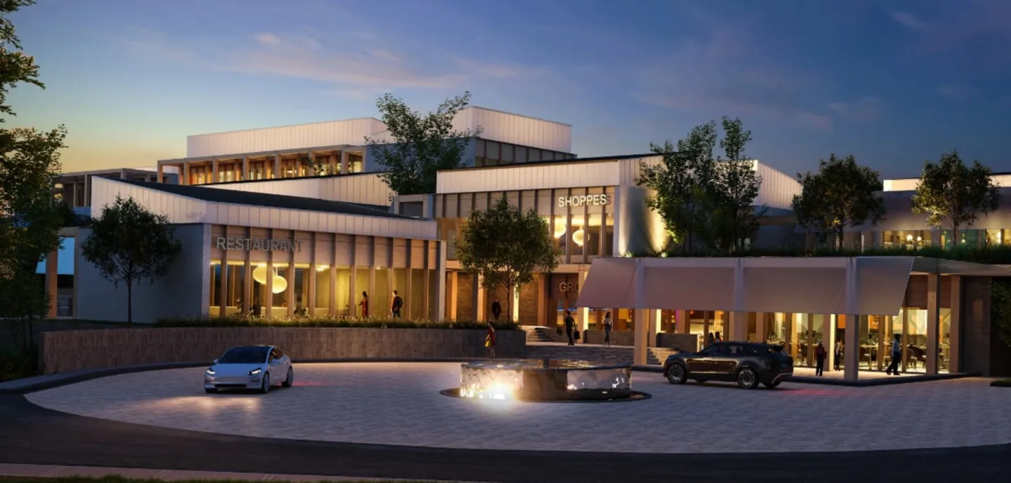 Planned North Plaza town square with restaurants, shops and grocery at Susana Heights (artist's perspective)