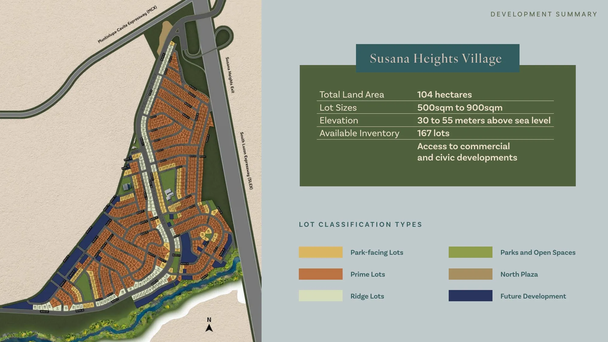 Susana Heights Village lot plan: park-facing, prime and ridge lots, 104 hectares, 500 to 900 sqm lots (developer's plan)