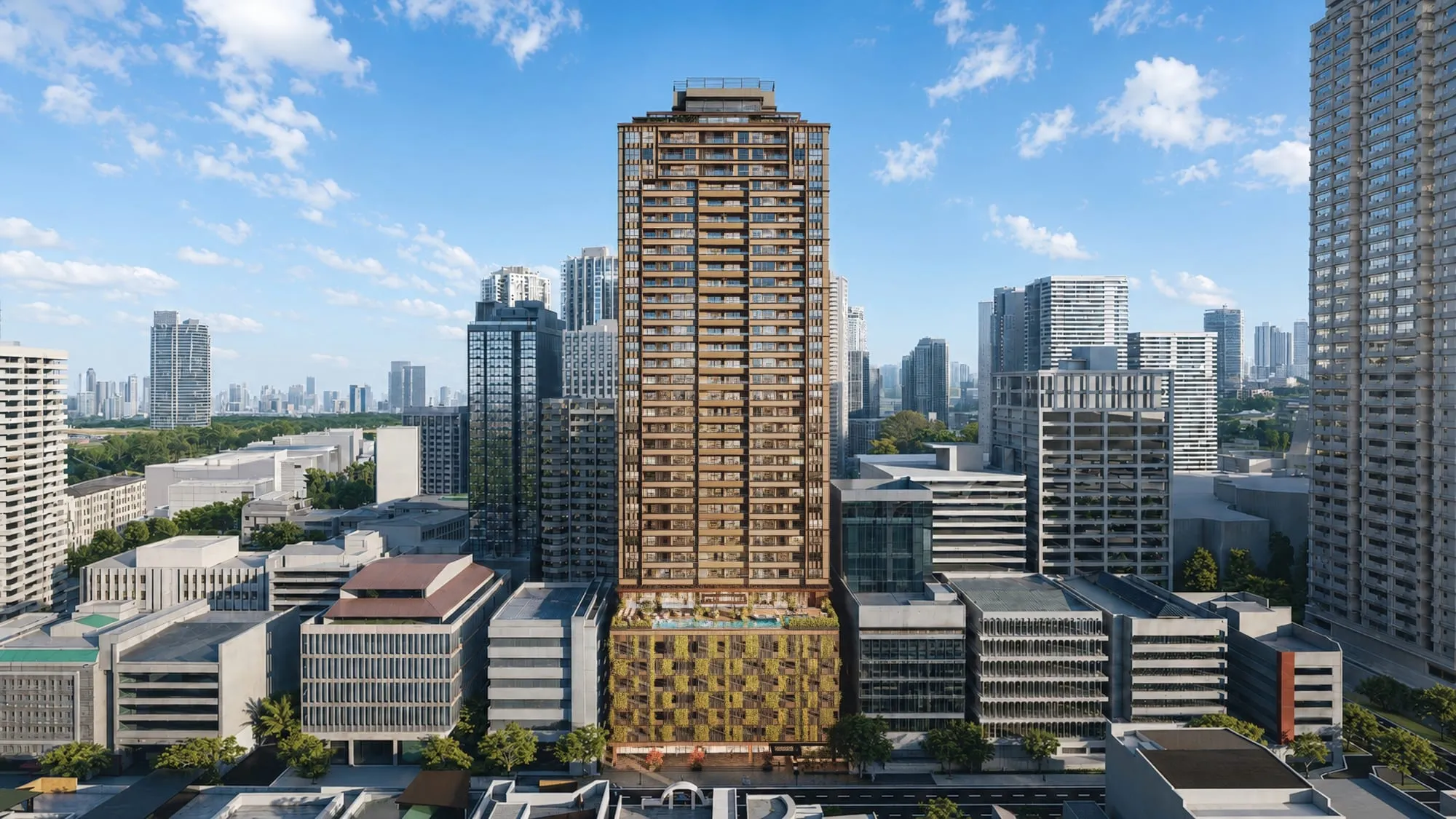 Sondris tower by Arthaland on Arnaiz Avenue, Makati, with the Makati skyline (artist's perspective)